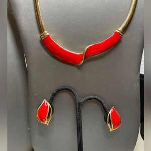Monet red enamel omega gold tone 18” chain necklace, clip on earrings set 1980’s